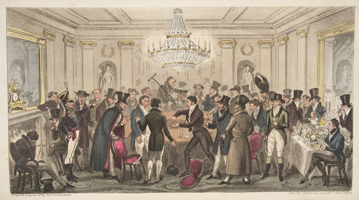 Modernin helvetin sisustus - vide. The Cogged Dice, The English Spy -pubista. 1824 (käsinvärinen kaiverrus) tekijältä Isaac Robert Cruikshank