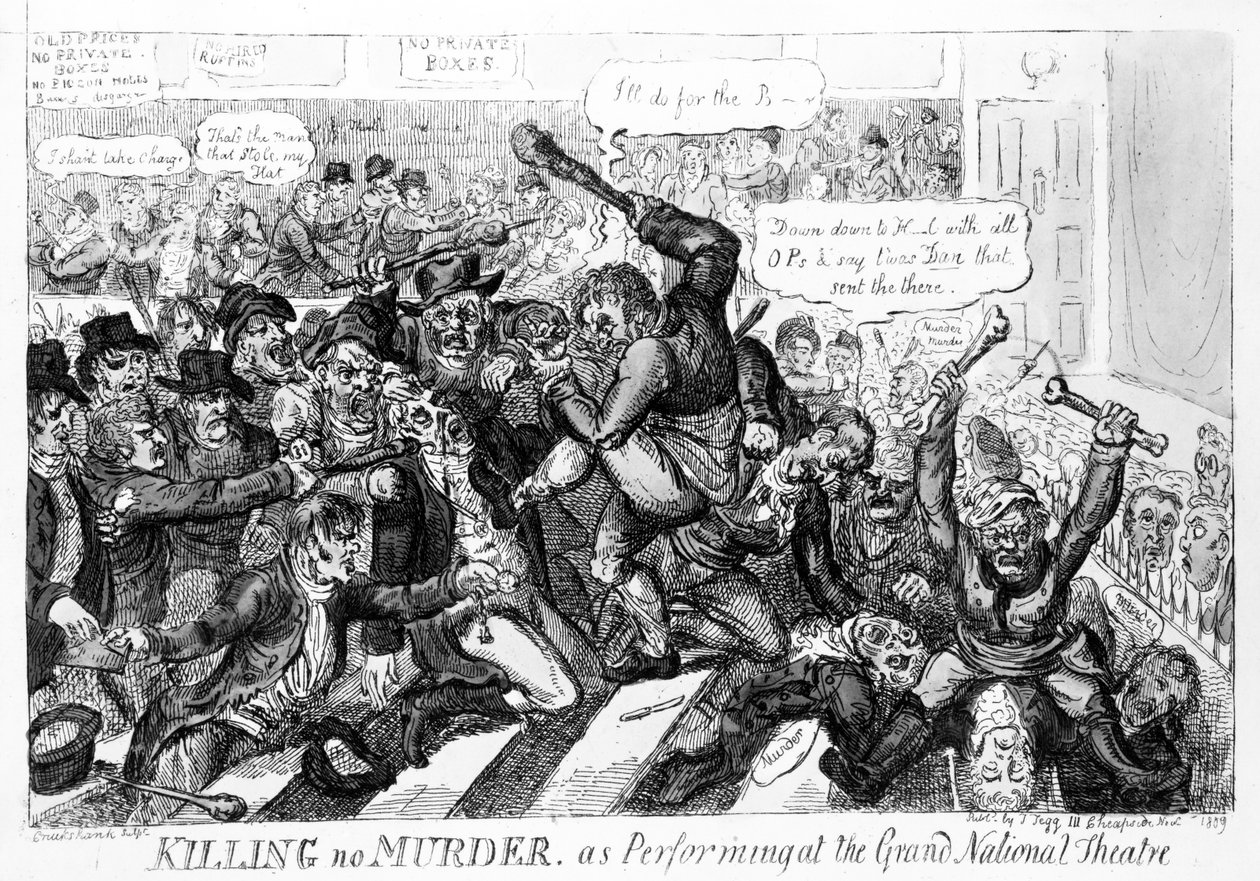 Killing no Murder, kuten esiintyy Grand National Theatressa, 1809 tekijältä Isaac Robert Cruikshank