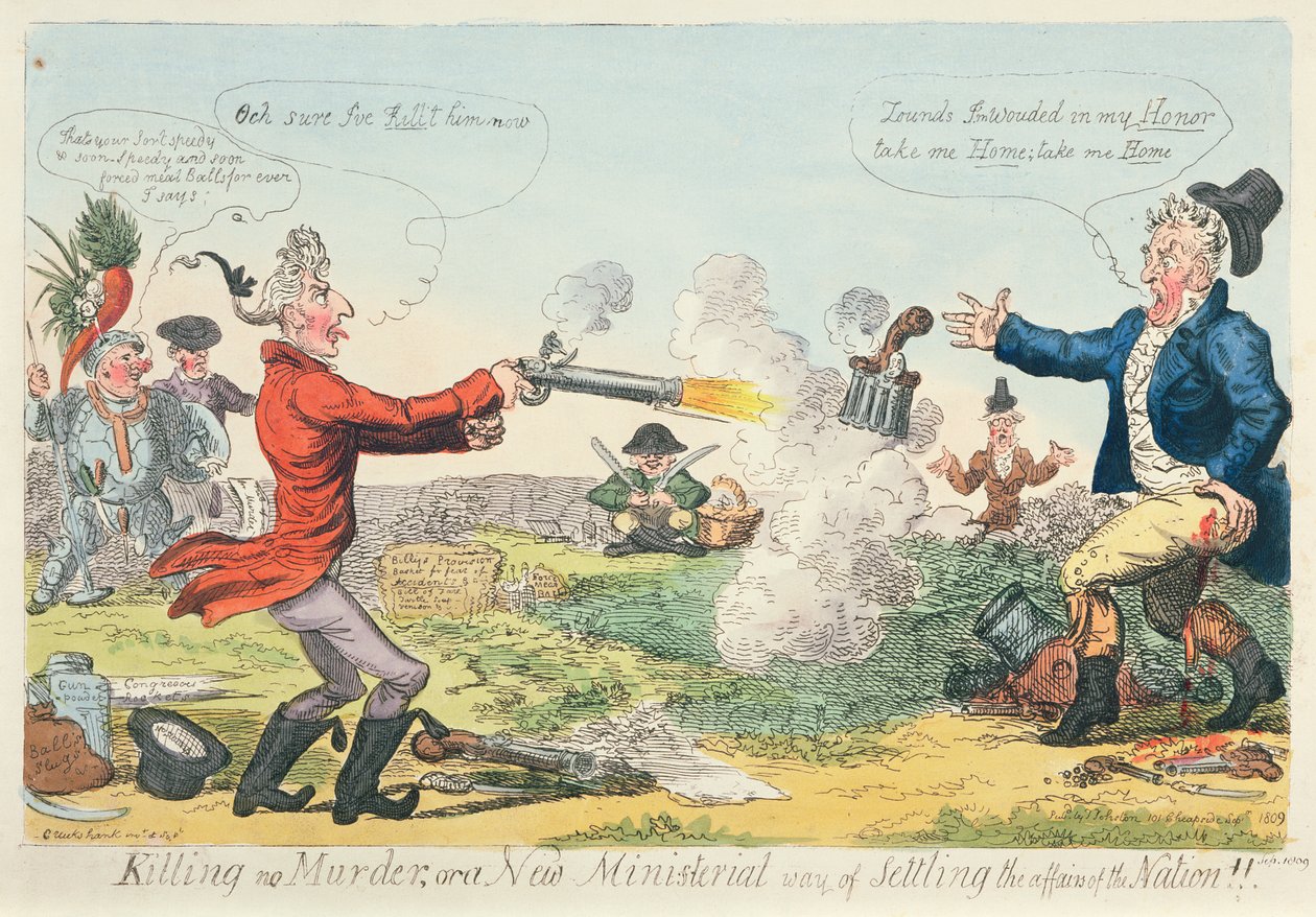 Tappamatta murhaa tai uusi ministeritapa kansakunnan asioiden ratkaisemiseksi!, 1809 (värietsaus) tekijältä Isaac Robert Cruikshank