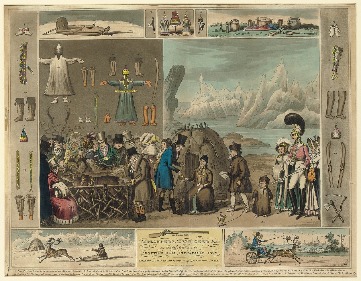 Lappilaisia, poroja jne., kuten Egyptin Hallissa, Piccadillyssa, 1822 tekijältä Isaac Robert Cruikshank