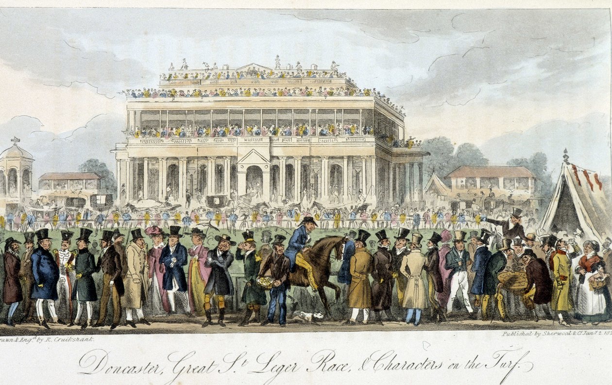 Saint Léger -palkinto Doncasterissa (kilpailut) - Charles Molloy Westmacottin "" Englannin vakooja" -kirjassa, ill. Kirjailija: Robert Cruikshank, Lontoo tekijältä Isaac Robert Cruikshank