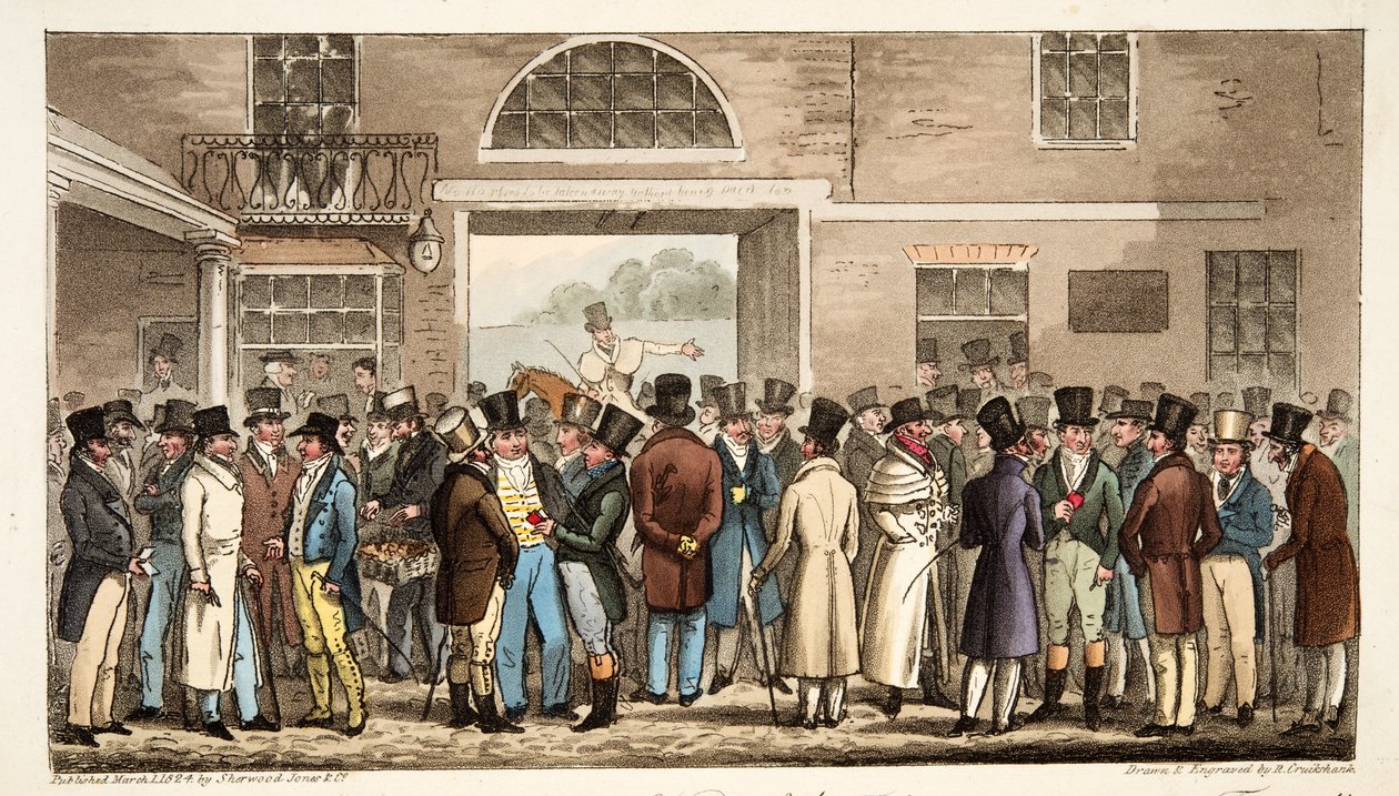 Maanantai Great St Legerin eli Tattersallsissa maksavien ja vastaanottavien turpeen sankarien jälkeen, pubista The English Spy. 1824 (käsinvärinen kaiverrus) tekijältä Isaac Robert Cruikshank