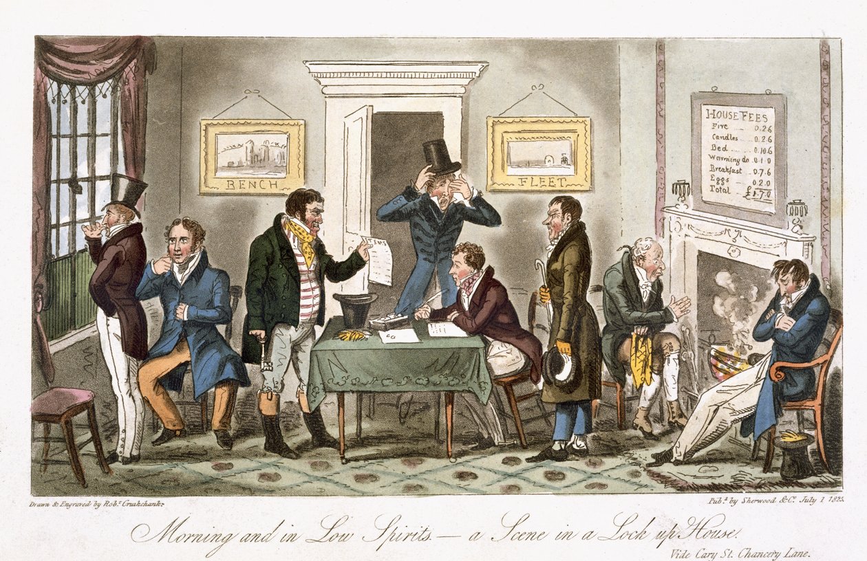 Morning and in the Low Spirits – kohtaus suljetussa talossa, Charles Molloy Westmacottin (1788-1868) julkaisusta "The English Spy", julkaistu Lontoossa, 1825 tekijältä Isaac Robert Cruikshank