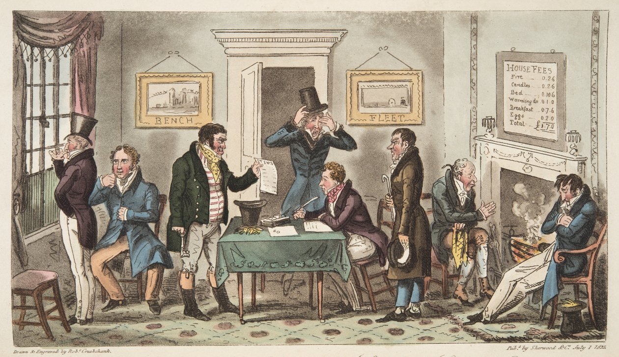 Aamulla ja huonolla tuulella, Lock Up kohtaus Spunging House, Carey Street, vähän hyvää totuutta, The English Spy, julkaistu Lontoossa, 1824. tekijältä Isaac Robert Cruikshank