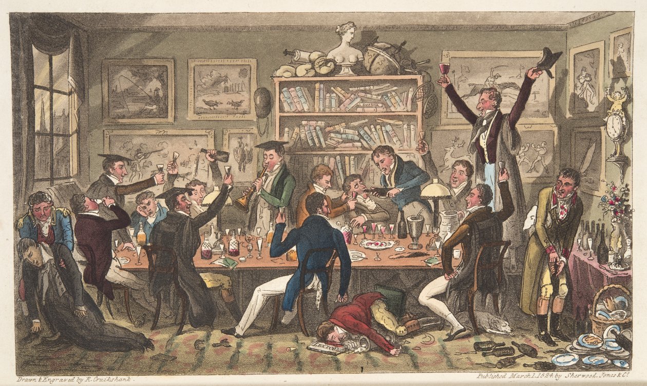 Oxford Transports, or University Exiles, englantilaisesta The English Spy -lehdestä, julkaistu Lontoossa 1824 (käsin väritetty kaiverrus). tekijältä Isaac Robert Cruikshank