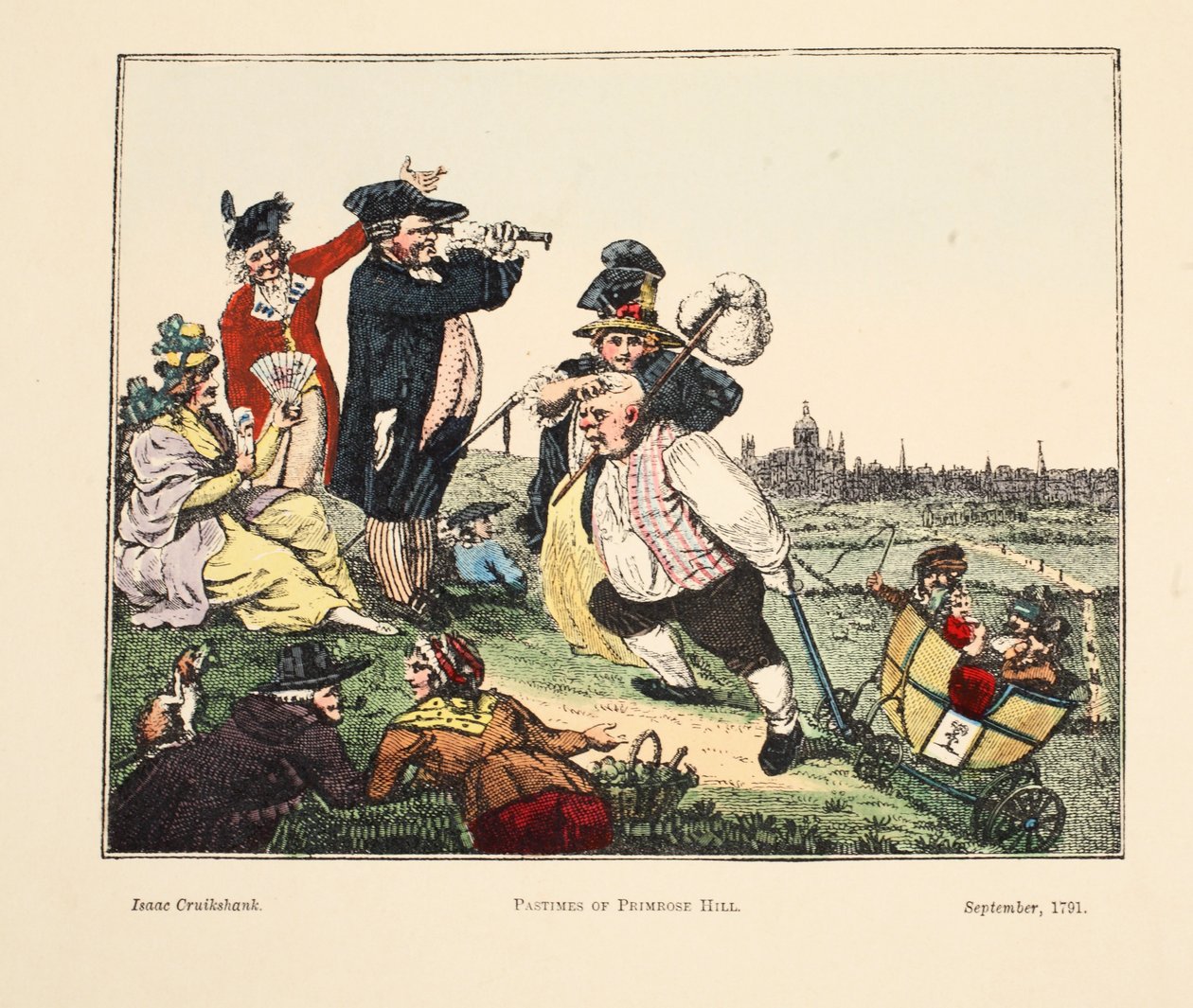Primrose Hillin harrastus, 1791 (käsinvärinen kaiverrus) tekijältä Isaac Robert Cruikshank