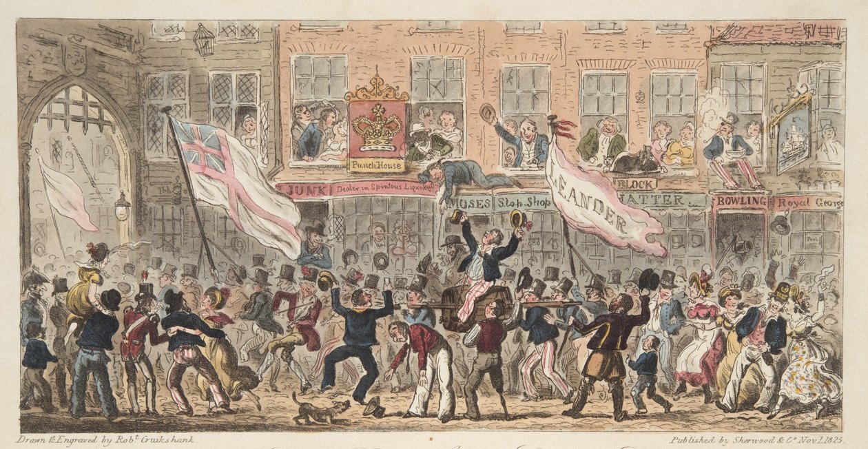Point Street, Portsmouth, pubista The English Spy. 1824 (käsinvärinen kaiverrus) tekijältä Isaac Robert Cruikshank