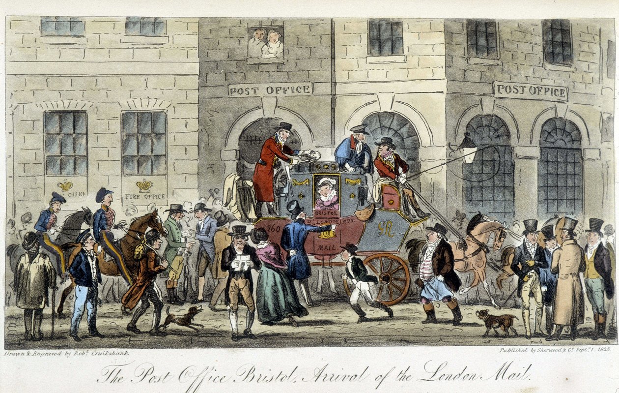 Postitus Lontoossa: Bristol-posti, Lontoon postin saapuminen - Charles Molloy Westmacottin ""The English Spy" -julkaisussa, piirustus Robert Cruikshank, Lontoon painos tekijältä Isaac Robert Cruikshank