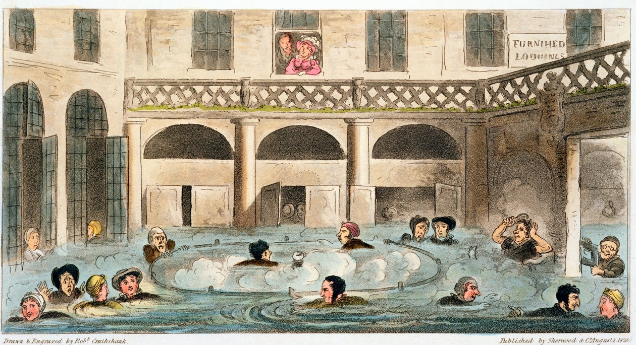 "Julkinen kylpeminen Bathissa tai hauduttaminen elossa", 1825 tekijältä Isaac Robert Cruikshank