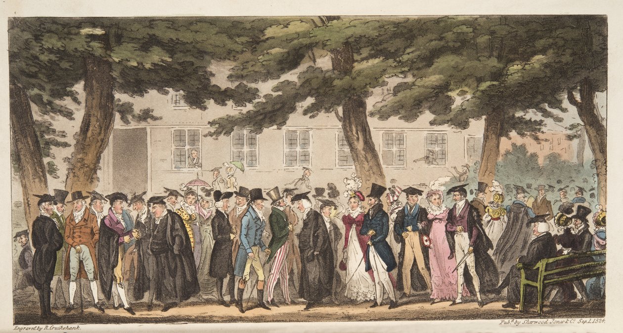 Show Sunday, A View in the Broad Walk, Christ Church Meadows, Oxford, The English Spy, pub. 1824 (käsinvärinen kaiverrus) tekijältä Isaac Robert Cruikshank