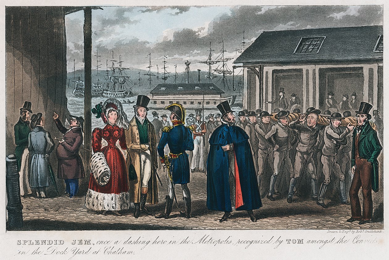 Upea Jem vankien joukossa Naval Dock Yardissa Chathamissa, Kentissä, 1821 tekijältä Isaac Robert Cruikshank
