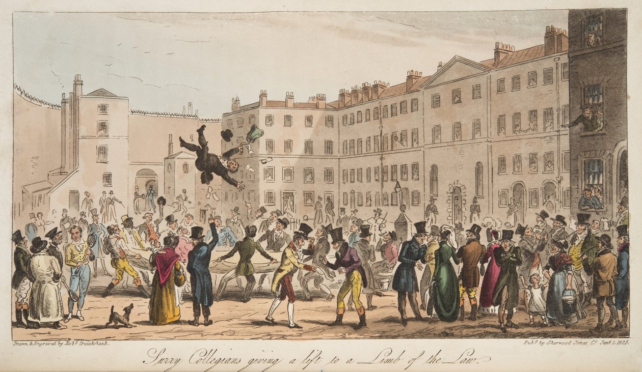 Surrey Collegians nostamassa lain osaa, The English Spy -julkaisusta, julkaistu Lontoossa, 1824 tekijältä Isaac Robert Cruikshank
