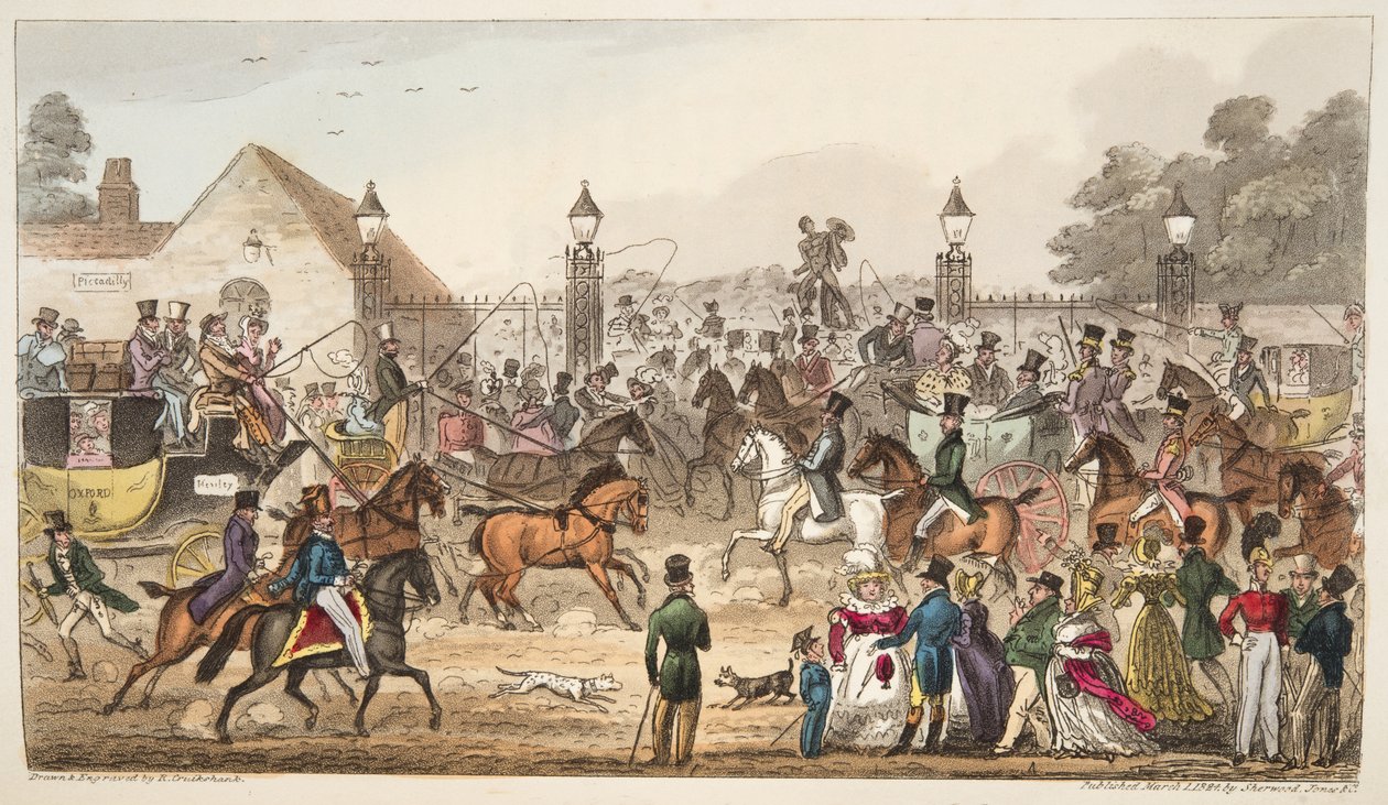 The Arrival, eli läntinen sisäänkäynti Cockney Landiin, Englannin vakoojasta, joka julkaistiin vuonna 1824 (käsinvärinen kaiverrus) tekijältä Isaac Robert Cruikshank