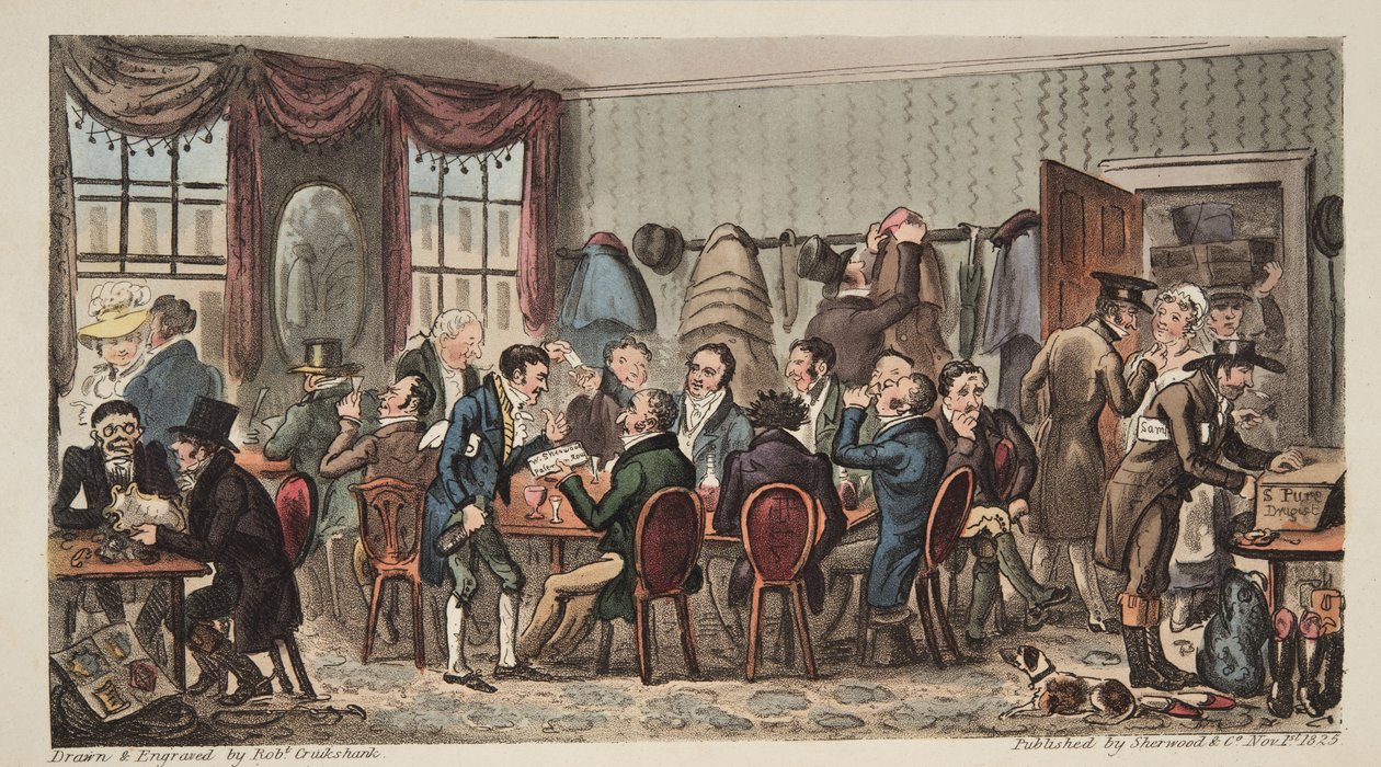 The Bags, Mens Banquet at the Bell Inn, Cheltenham, julkaisusta The English Spy, pub. 1824 (käsin väritetty kaiverrus). tekijältä Isaac Robert Cruikshank