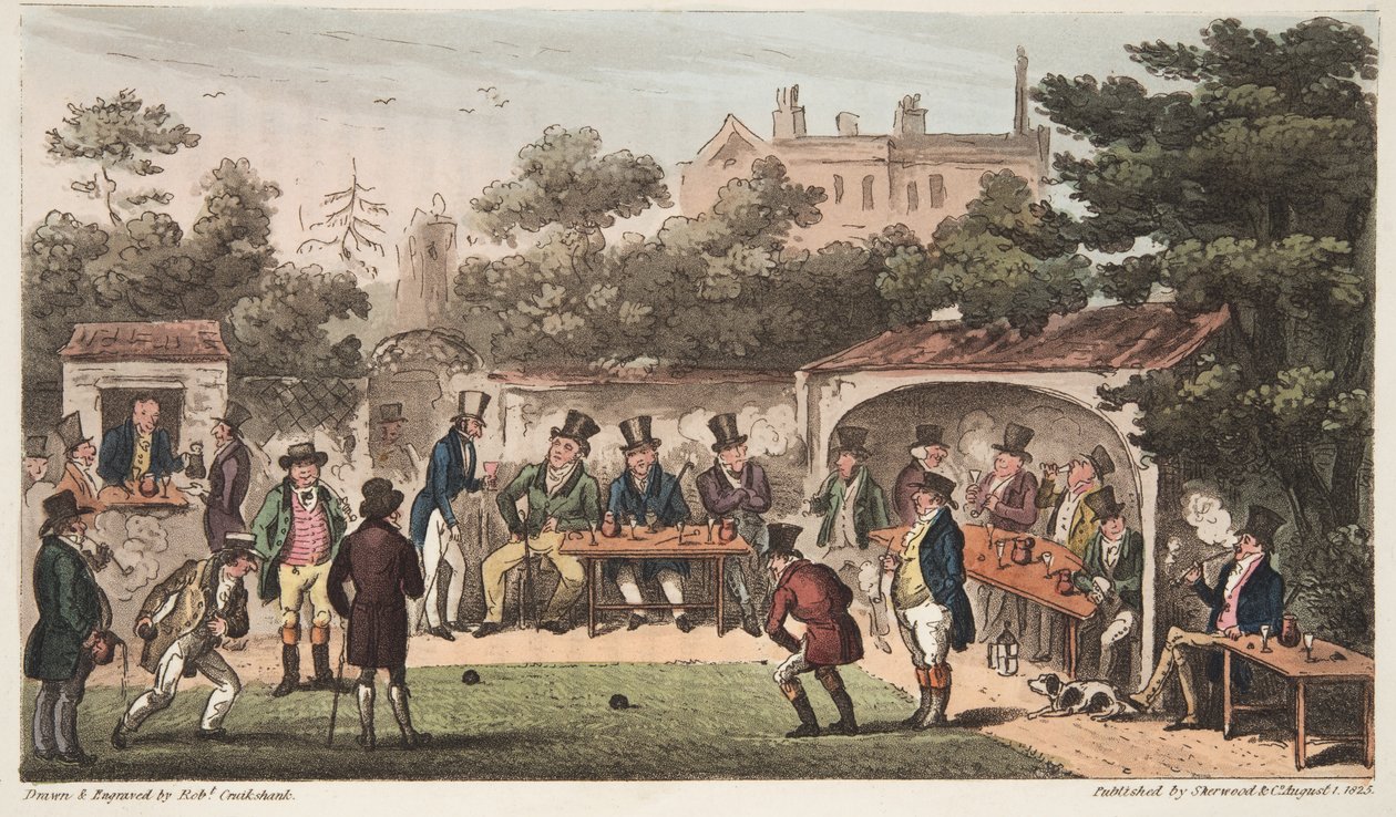 The Bowling Alley, Worcester tai The Characters of the Hand and Glove Club, The English Spy -julkaisusta, julkaistu Lontoossa, 1824 (käsinvärinen kaiverrus) tekijältä Isaac Robert Cruikshank