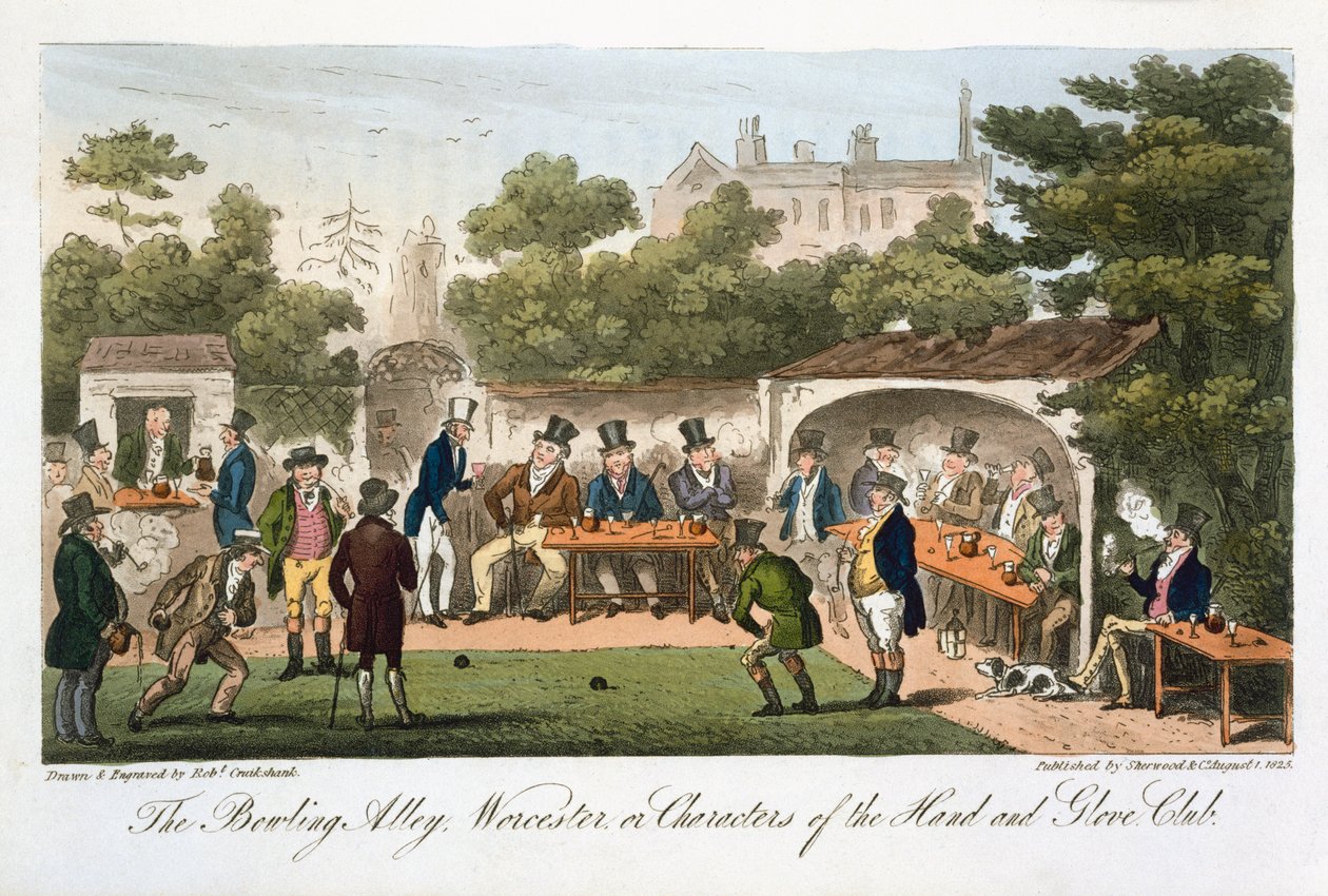 The Bowling Alley, Worcester, tai The Characters of the Hand and Glove Club, Englannin vakoojasta, Charles Molloy Westmacott (1788-1868) julkaisi Lontoossa 1825 tekijältä Isaac Robert Cruikshank