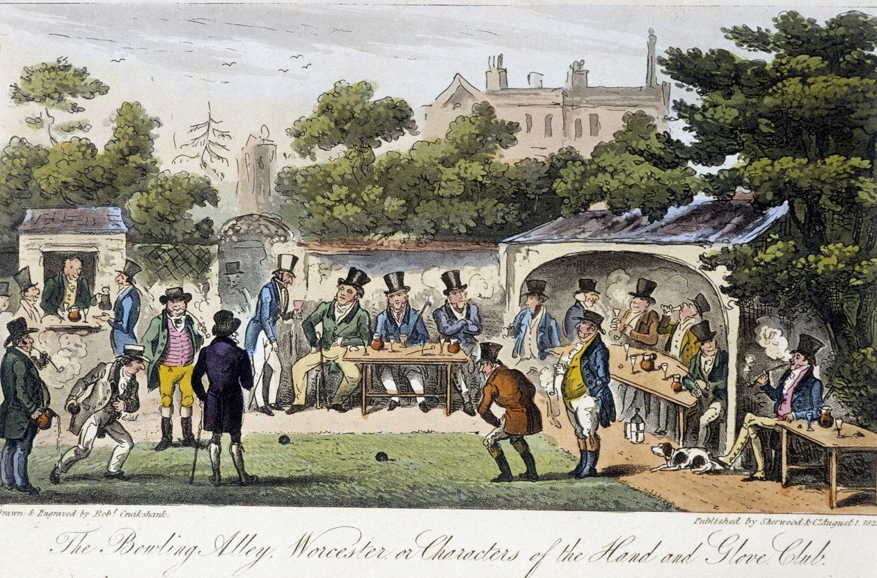 Keilahalli tai Käsi- ja hansikaskerhon hahmot - Charles Molloy Westmacottin "" Englannin vakooja" -osassa, piirustus Robert Cruikshank, London Edition tekijältä Isaac Robert Cruikshank