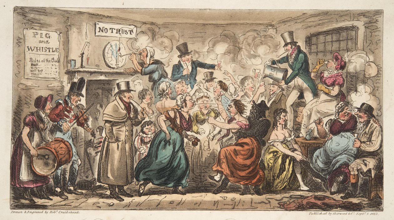 The Buff Club at the Pig and Whistle, Avon Street, Bath, The English Spy -pubista. Lontoo, 1824 (käsinvärinen kaiverrus) tekijältä Isaac Robert Cruikshank