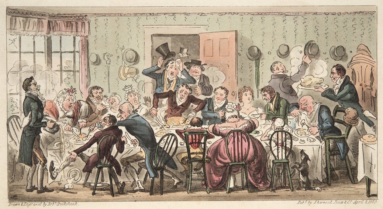 Cits Sunday Ordinary Gate House Highgatessa; tai jokainen Hog omaan omenaansa, The English Spy -pubista. 1824 (käsinvärinen kaiverrus) tekijältä Isaac Robert Cruikshank