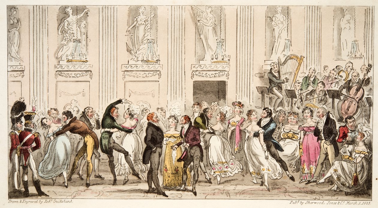 Cyprians Ball Argyle Roomsissa, The English Spy -pubista. 1824 (käsinvärinen kaiverrus) tekijältä Isaac Robert Cruikshank