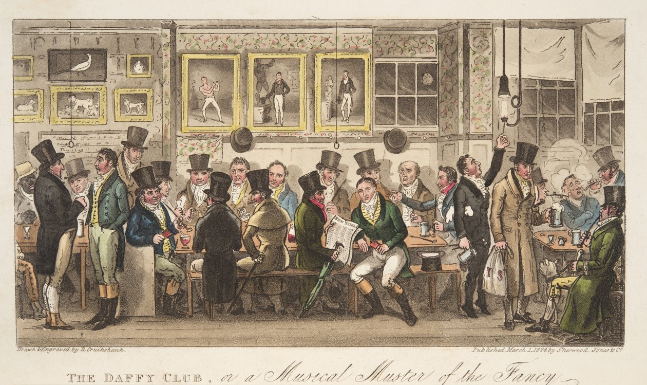 The Daffy Club tai musikaalimusiikki The English Spy -pubista. 1824 (käsinvärinen kaiverrus) tekijältä Isaac Robert Cruikshank