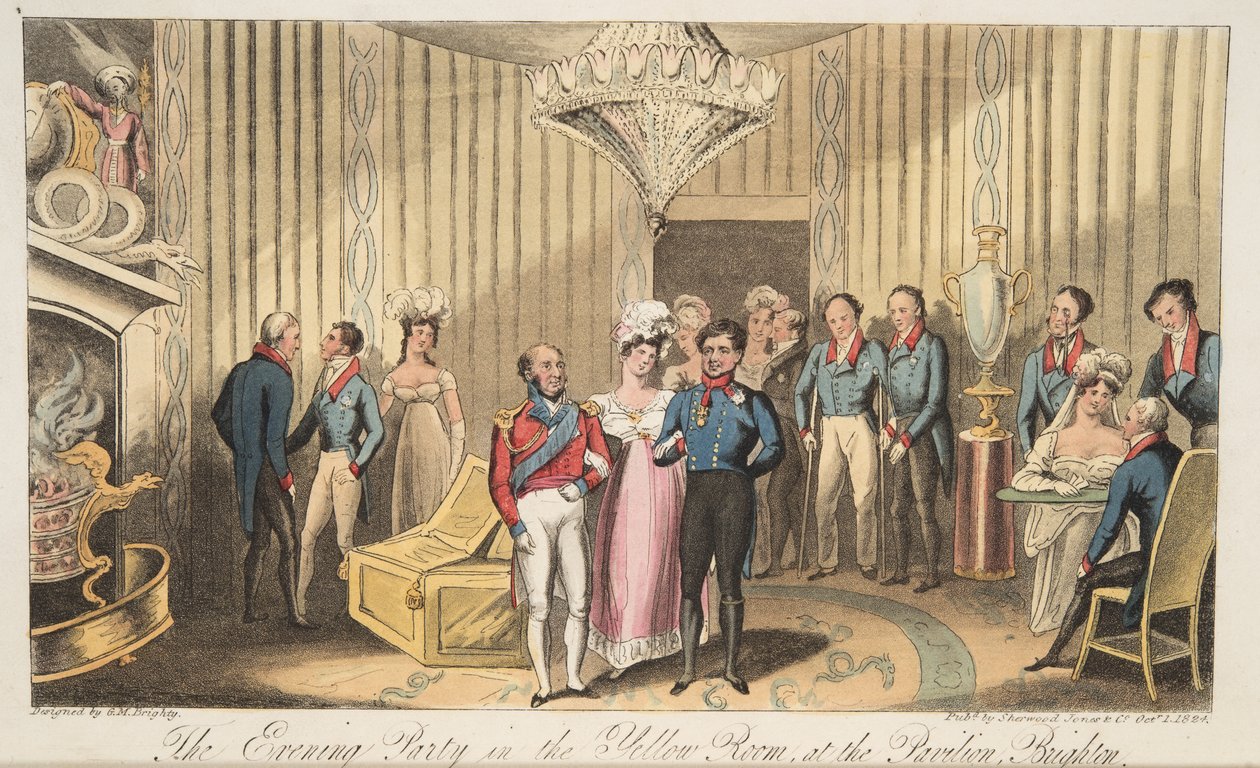 The Evening Party at the Pavilion, Brighton, The English Spy, pub. 1824 (käsinvärinen kaiverrus) tekijältä Isaac Robert Cruikshank