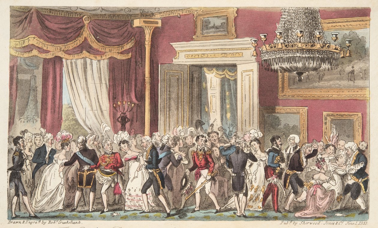 Ilta pyöreässä huoneessa; tai Squeeze at Carlton Palace, The English Spy -pubista. 1824 (käsinvärinen kaiverrus) tekijältä Isaac Robert Cruikshank