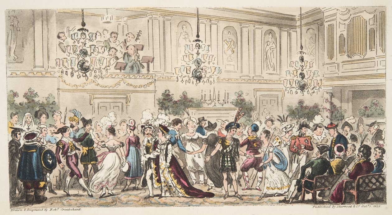 The Fancy Ball at the Upper Rooms, Bath, The English Spy, julkaistu Lontoossa, 1824 tekijältä Isaac Robert Cruikshank