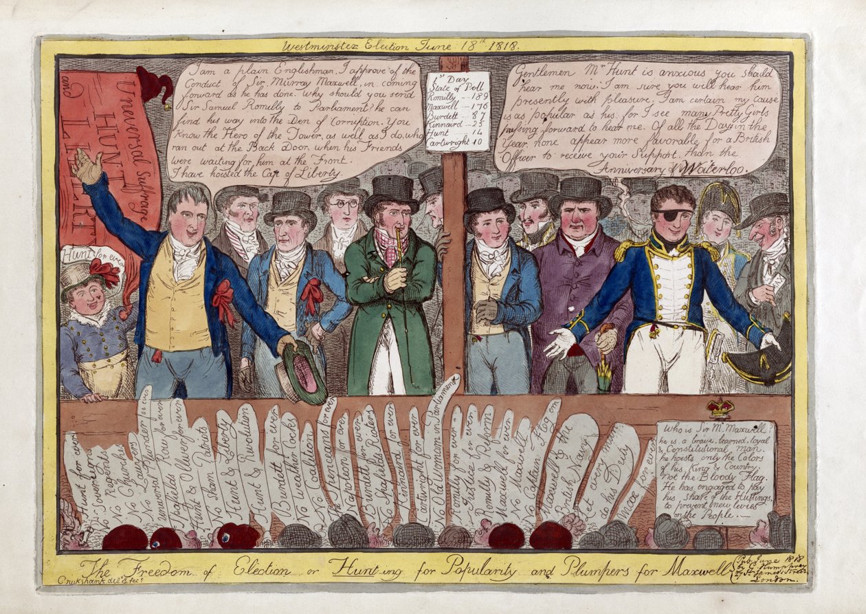 Vapaus vaaleissa tai suosion metsästys ja Maxwell, pub. G. Humphrey, 1818 (käsinvärinen kaiverrus) tekijältä Isaac Robert Cruikshank