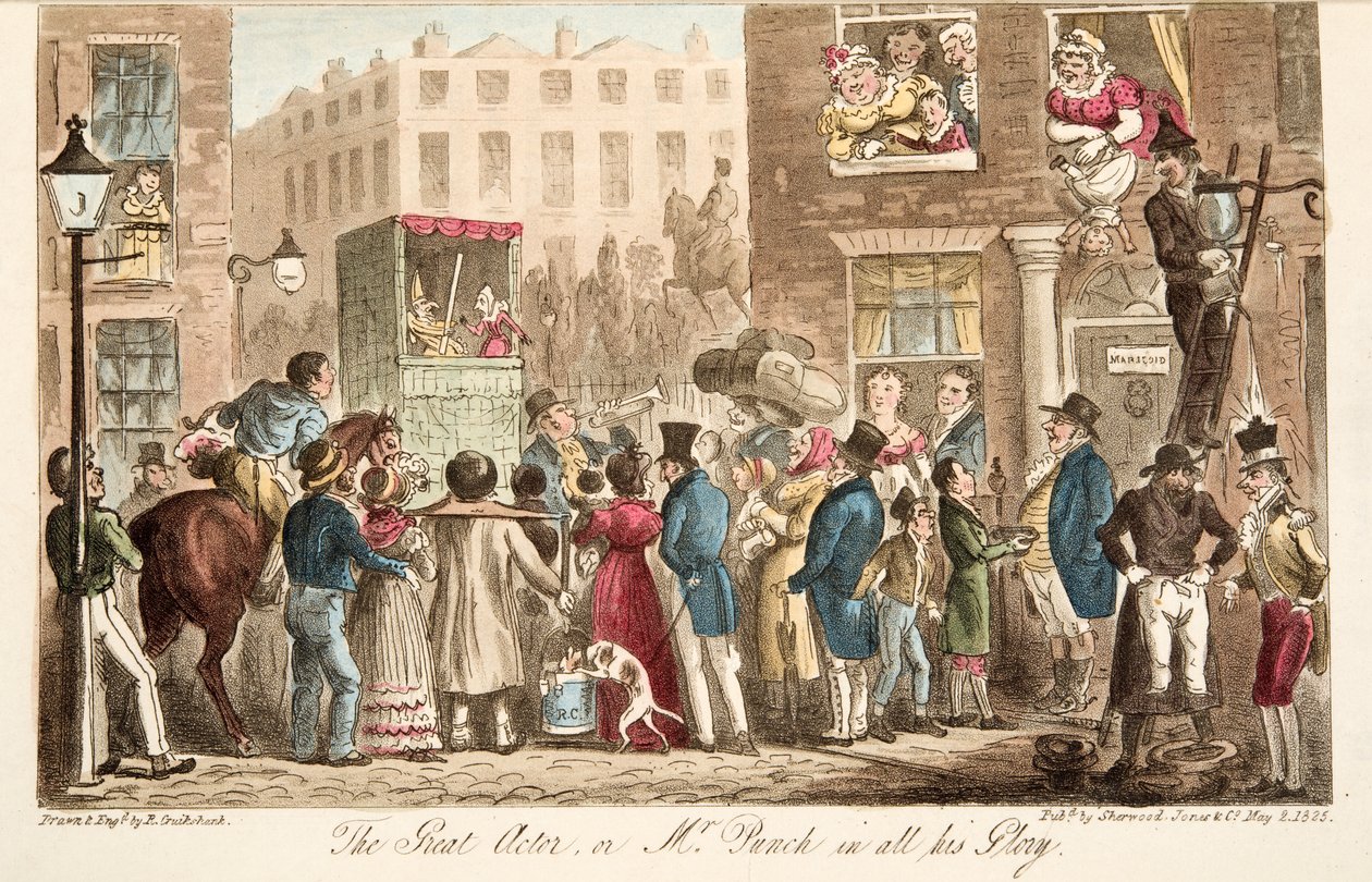 Suuri näyttelijä eli herra Punch kaikessa loistossaan, julkaisusta The English Spy, pub. 1824 (käsin väritetty kaiverrus) tekijältä Isaac Robert Cruikshank