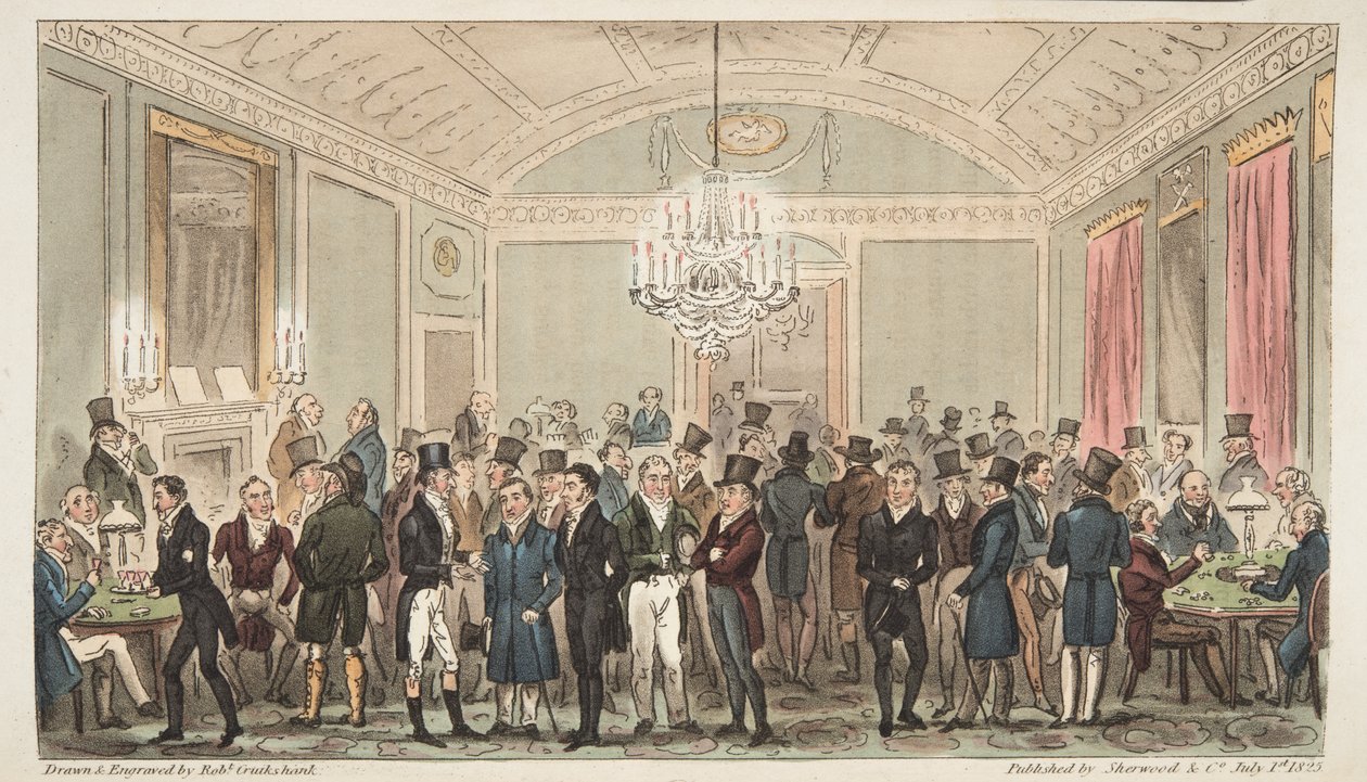 The Great Subscription Room Brookesissa, The English Spy -pubista. 1824 (käsinvärinen kaiverrus) tekijältä Isaac Robert Cruikshank