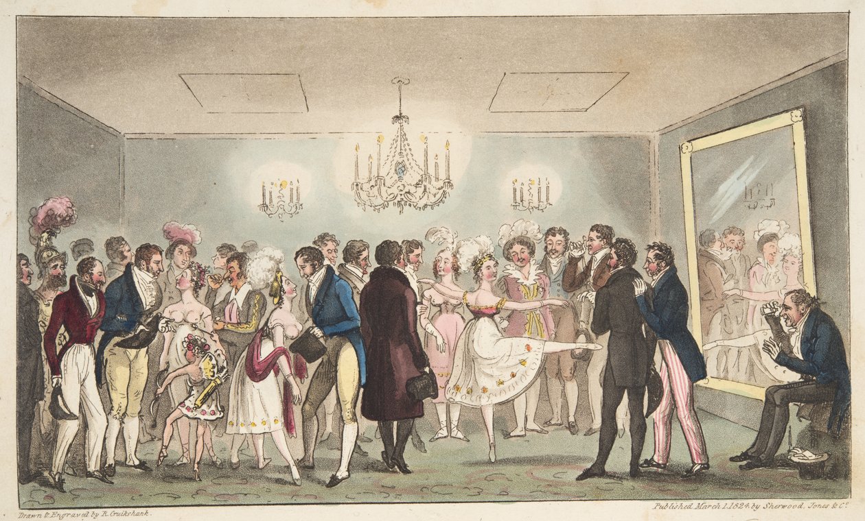 The Green Room of the Kings Theatre tai Jaloamatöörit katselemassa ulkomaisia uteliaisuutta, pubista The English Spy. 1824 (käsinvärinen kaiverrus) tekijältä Isaac Robert Cruikshank