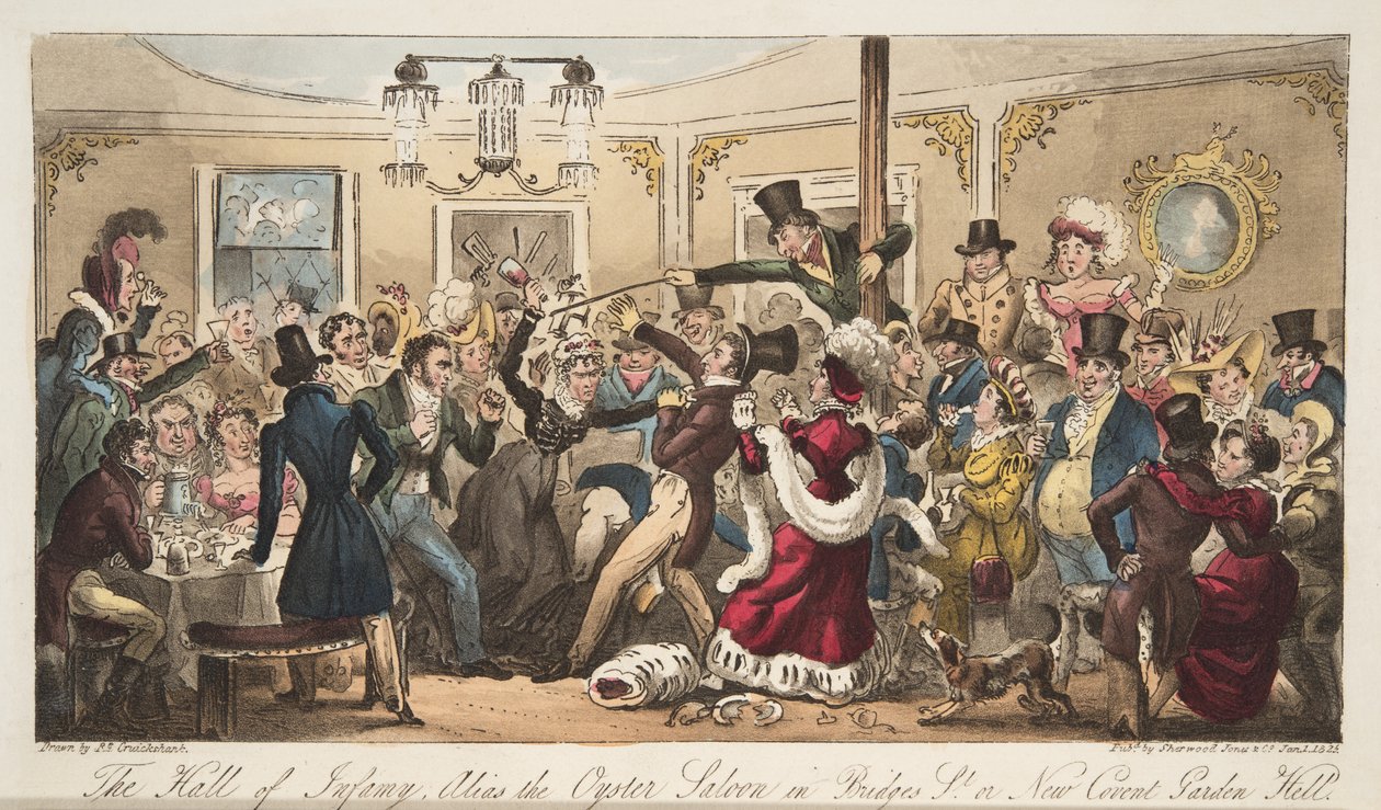 The Hall of Infamy, alias Oyster Saloon Brydges-Streetissä, tai New Covent Garden Hell, The English Spy -pubista. 1824 (käsinvärinen kaiverrus) tekijältä Isaac Robert Cruikshank