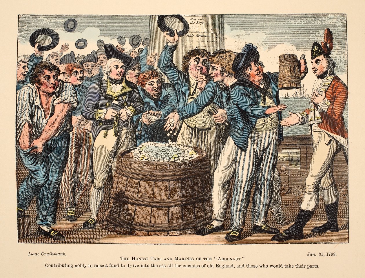 The Honest Tars and Marines of The Argonaut, pub. 1798 (käsin väritetty kaiverrus) tekijältä Isaac Robert Cruikshank