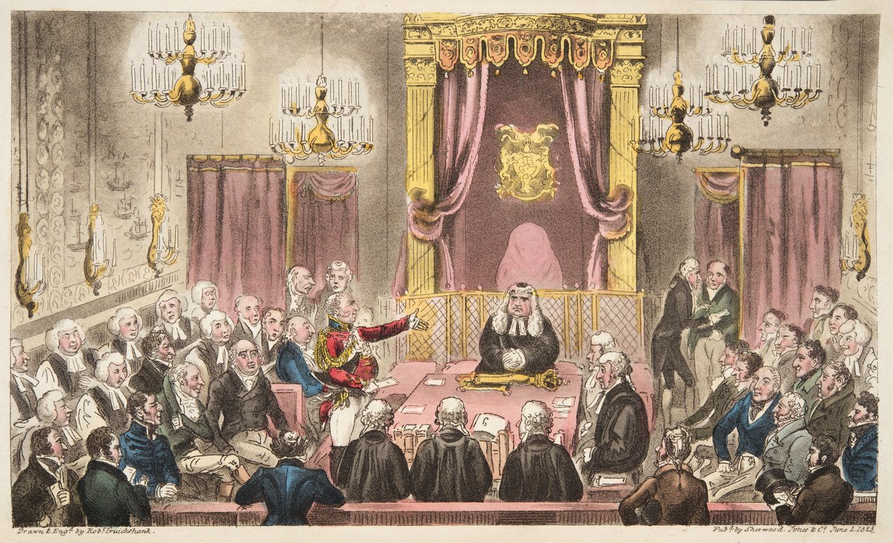 The House of Lords in High Debate, The English Spy, pub. 1824 (käsinvärinen kaiverrus) tekijältä Isaac Robert Cruikshank