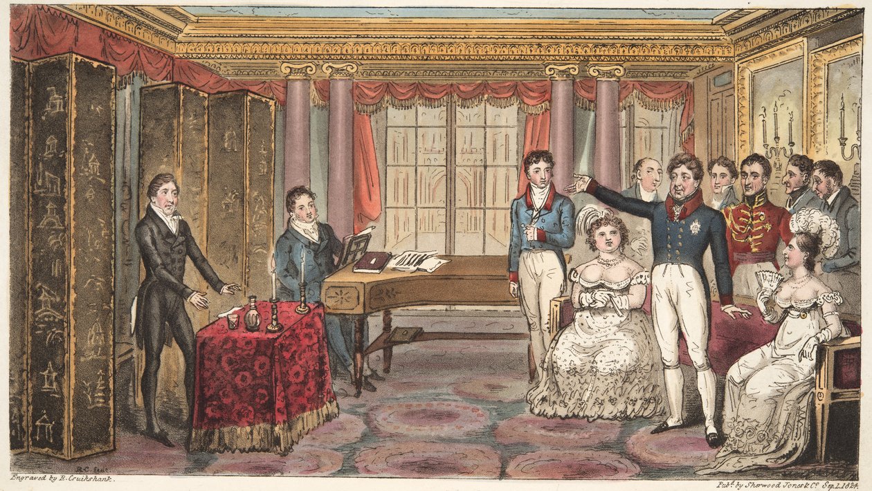 The King at Home, tai Mathews at Carlton House, Englannin vakoojista, Charles Westmacott, julkaistu 1824 (käsinvärinen kaiverrus) tekijältä Isaac Robert Cruikshank