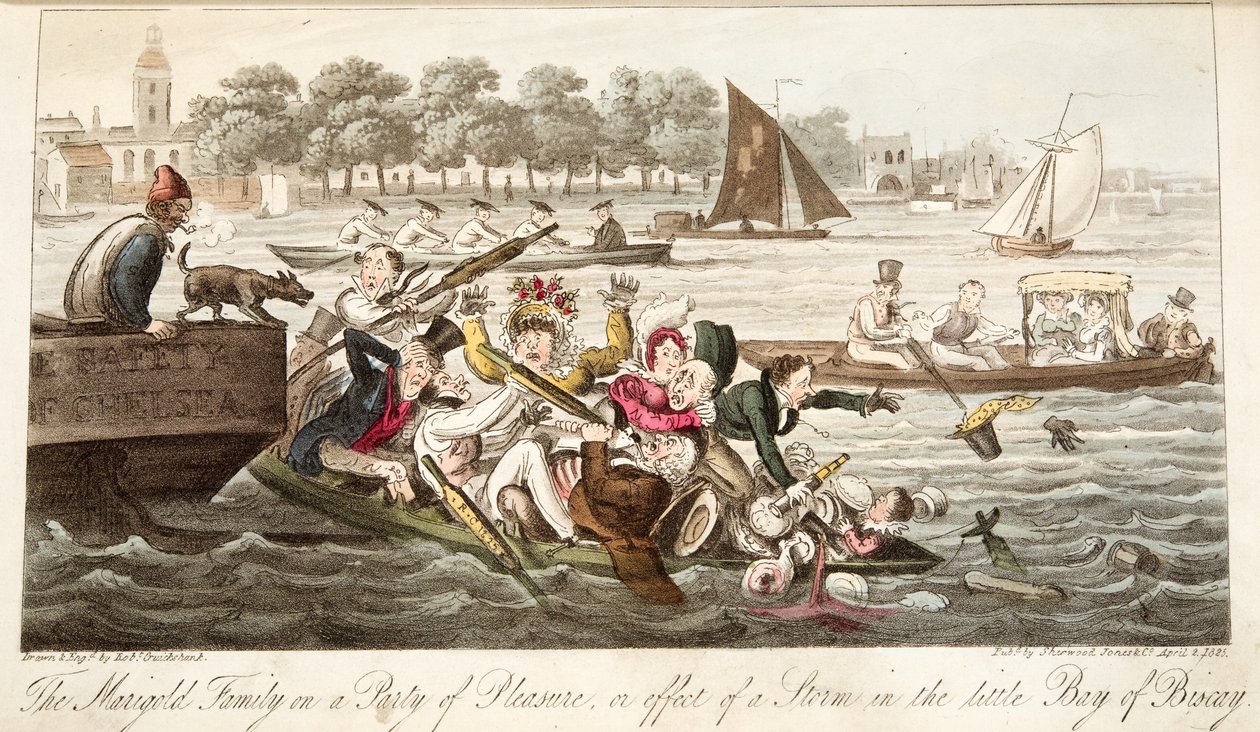 Marigold Family in the Party of Pleasure, tai myrskyn vaikutus pienellä Biskajanlahdella, The English Spy, pubista. 1824 (käsinvärinen kaiverrus) tekijältä Isaac Robert Cruikshank