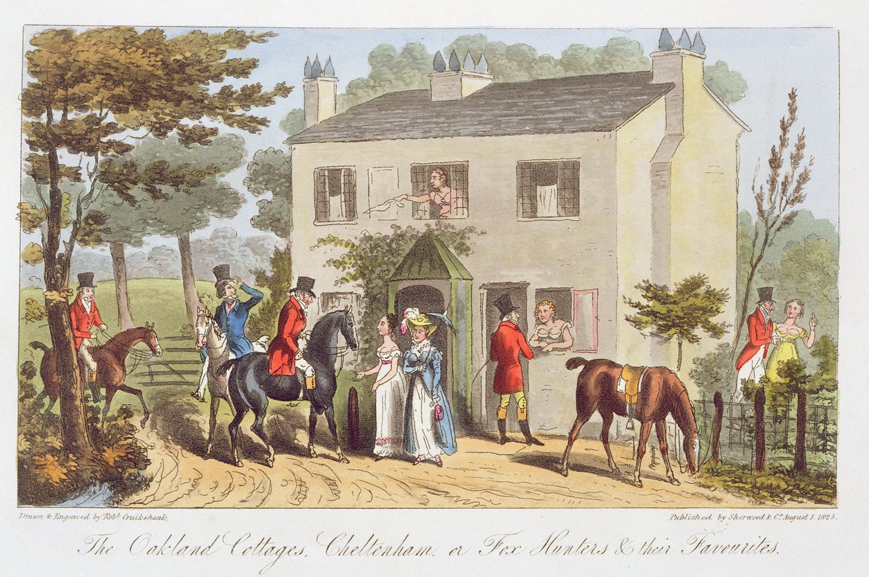 Oakland Cottages, Cheltenham, tai Fox Hunters ja heidän suosikkinsa, Charles Westmacottin "The English Spy" -teoksesta, julkaistu 1825 tekijältä Isaac Robert Cruikshank
