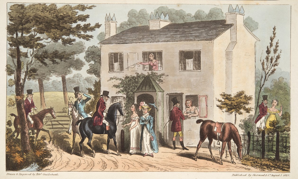 Oakland Cottages, Cheltenham tai Fox Hunters ja heidän suosikkinsa, The English Spy -pubista. 1824 (käsinvärinen kaiverrus) tekijältä Isaac Robert Cruikshank