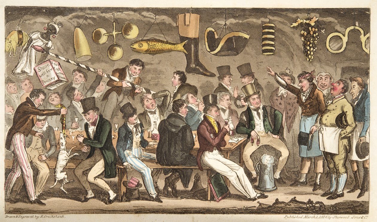 The Oppidans Museum tai Eton Court of Claims at the Christopher, The English Spy, julkaistu Lontoossa, 1824 tekijältä Isaac Robert Cruikshank