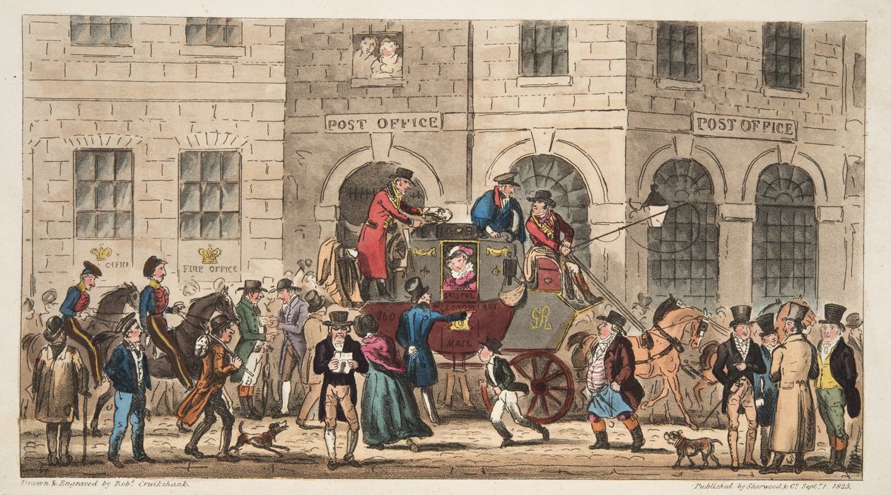 The Post Office Bristol, Lontoon postin saapuminen, englantilaisesta The English Spy -lehdestä, julkaistu Lontoossa 1824. tekijältä Isaac Robert Cruikshank
