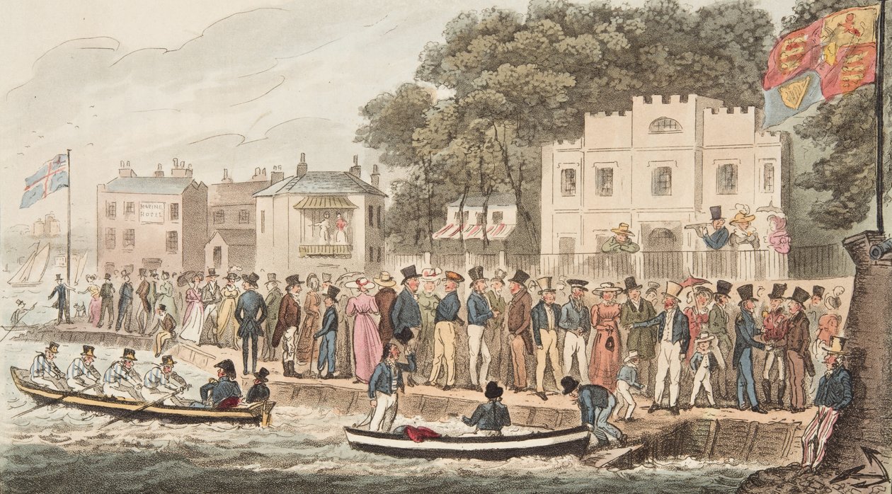 Cowesin rantakatu, julkaisusta The English Spy, pub. 1824 (käsin väritetty kaiverrus) tekijältä Isaac Robert Cruikshank