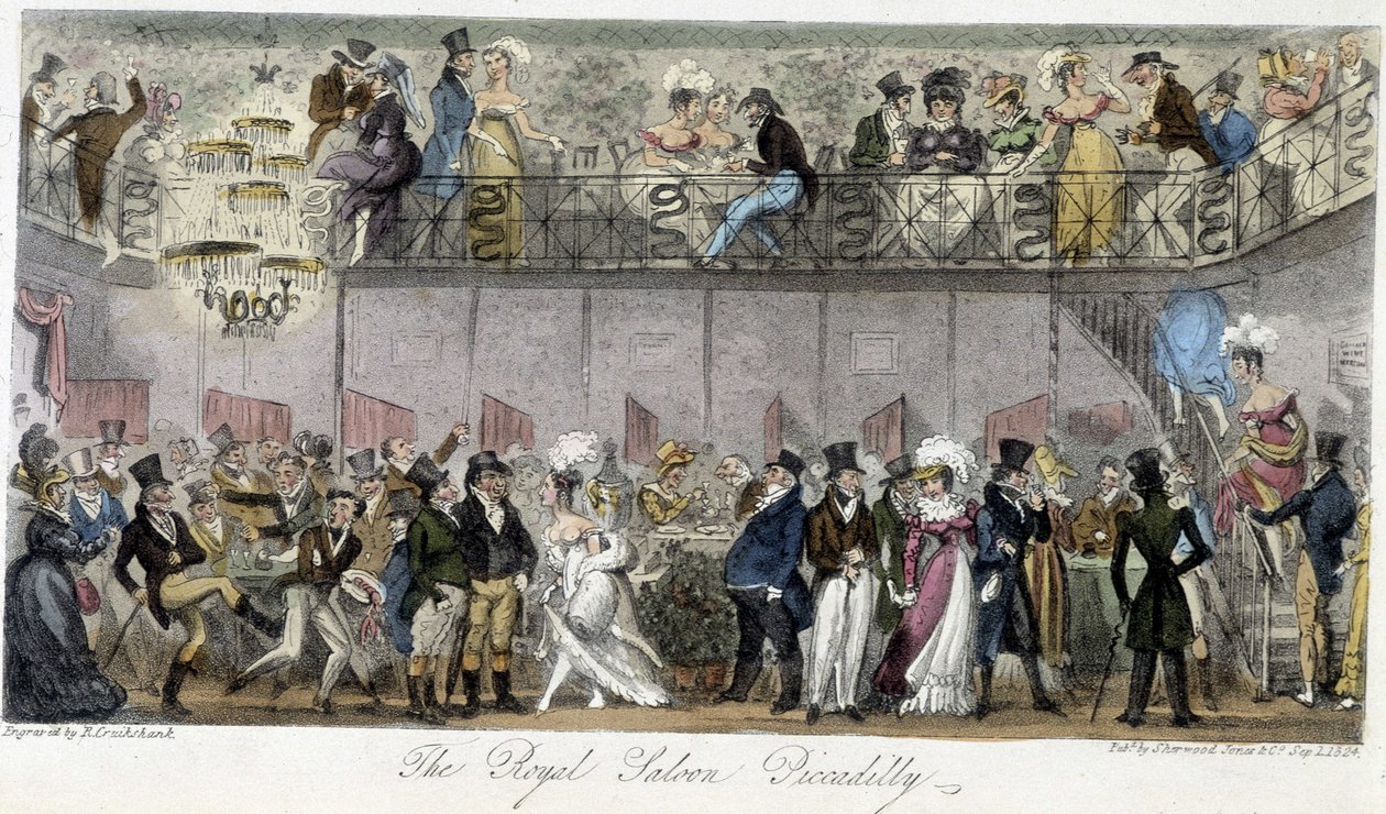 Royal Saloon Piccadilly - Charles Molloy Westmacottin ""The English Spy" -sarjassa, piirustus Robert Cruikshank, London Edition tekijältä Isaac Robert Cruikshank