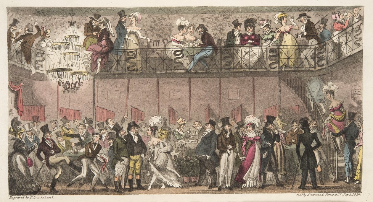 The Royal Saloon, Piccadilly tai Tunti oopperan jälkeen, Englannin vakoojista, julkaistiin vuonna 1824 (käsinvärinen kaiverrus) tekijältä Isaac Robert Cruikshank