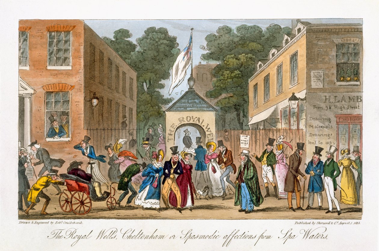 Royal Wells, Cheltenham tai Spa Watersin spamodiset kiintymykset, Charles Molloy Westmacottin (1788-1868) julkaisusta The English Spy, julkaisi Lontoossa 1825 tekijältä Isaac Robert Cruikshank