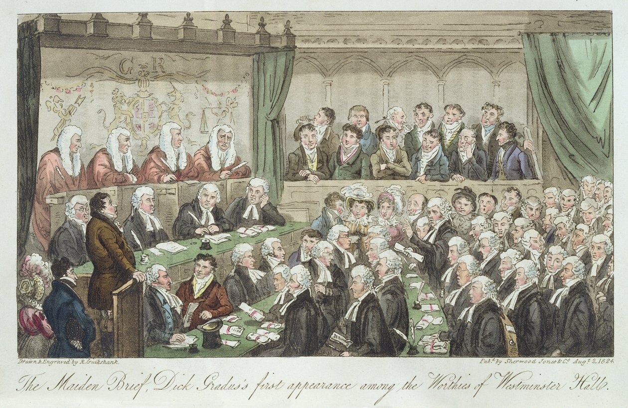 Neitsytteksti, Dick Gradusin ensimmäinen esiintyminen Westminster Hallin arvoisten joukossa, julkaistiin 1824 tekijältä Isaac Robert Cruikshank