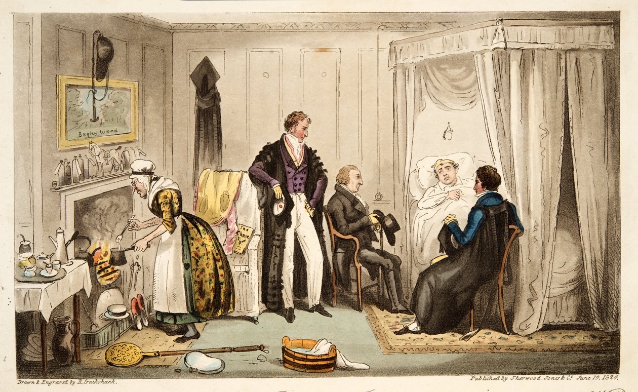 Tom Echo makaa Headington Feverin tai oksonilaisen kanssa aivan lähellä muuria, The English Spy -julkaisusta, julkaistu Lontoossa, 1824 (käsinvärinen kaiverrus) tekijältä Isaac Robert Cruikshank