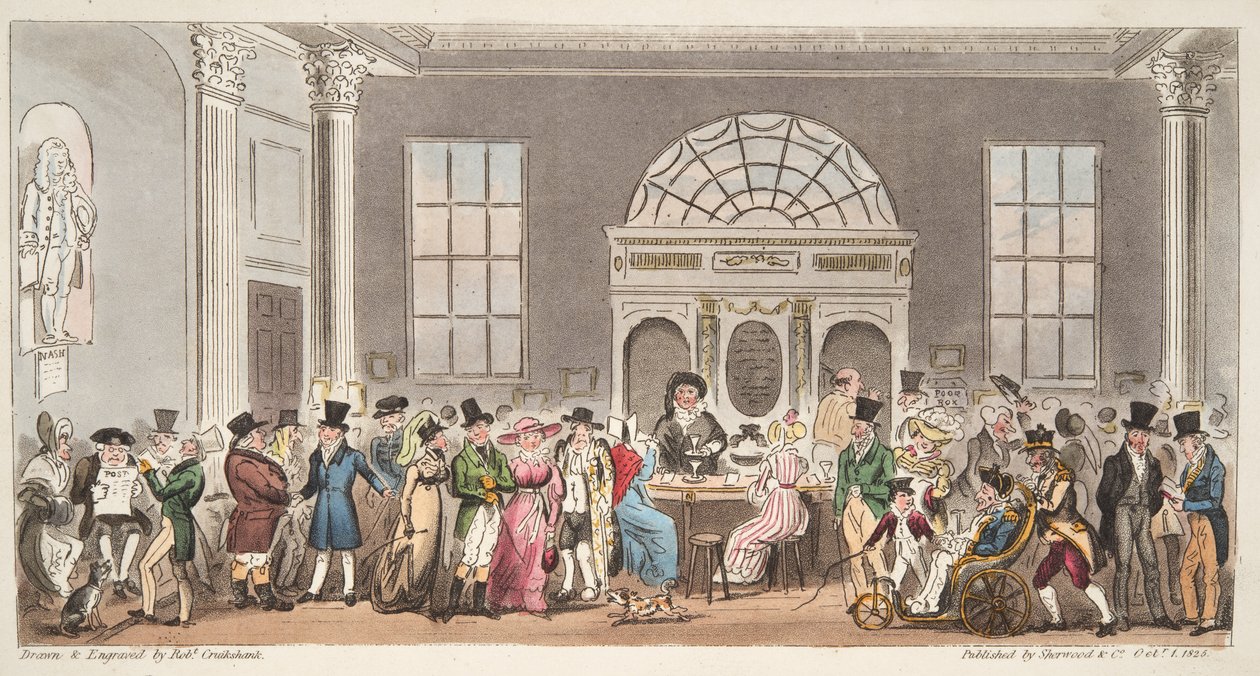 Tunnetut vierailijat Pump Roomissa, Bathissa, siemailemassa kuningas Bladudin kanssa, The English Spy -pubista. 1824 (käsinvärinen kaiverrus) tekijältä Isaac Robert Cruikshank