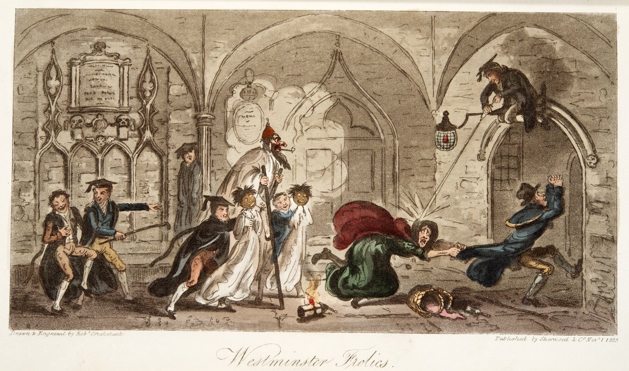 Westminster Frolics, The English Spy -pubista. 1824 (käsinvärinen kaiverrus) tekijältä Isaac Robert Cruikshank