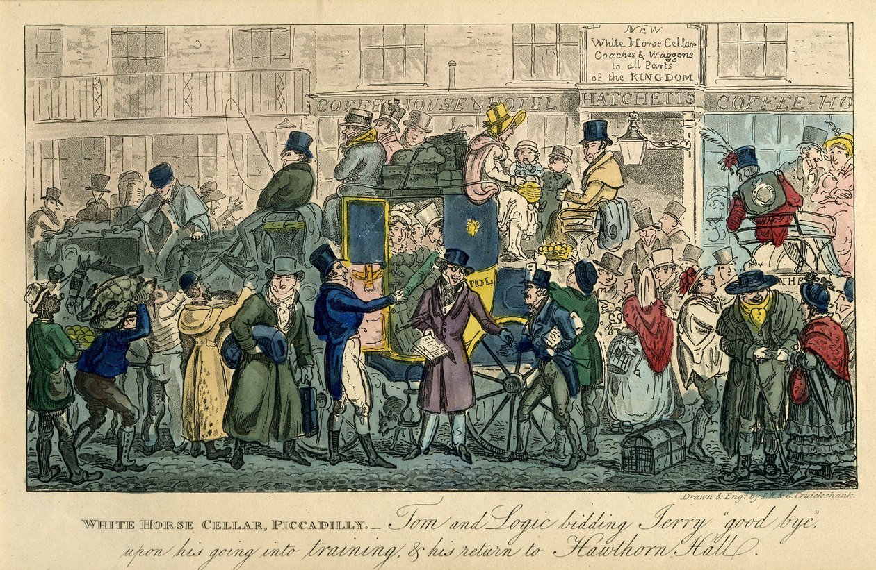 White Horse Cellar, Piccadilly Alkaen: 36 kohtausta tosielämästä, 1821 tekijältä Isaac Robert Cruikshank